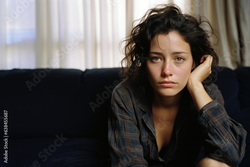 jeune femme brune seule, triste assise dans un canapé, regard perdu, déprimé