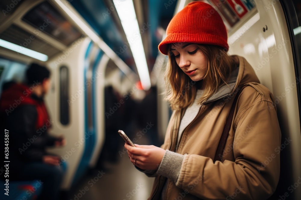 Obraz premium Young girl London subway tourist. Generate Ai