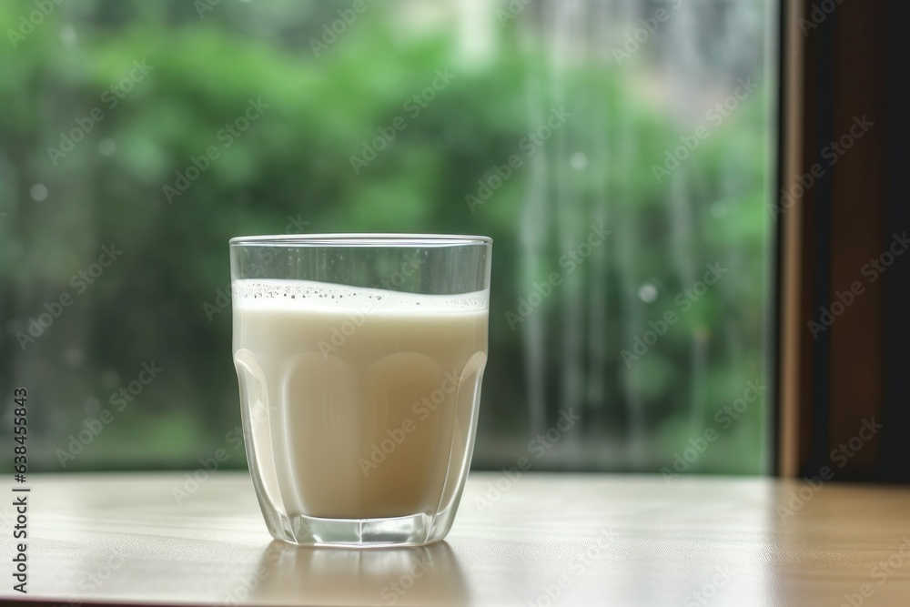 Glass of milk on a wooden table by window in kitchen Glass of milk on a wooden table by window in kitchen