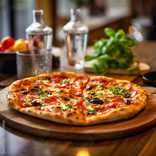 A photo realistic image of a sliced pepperoni pizza on a table with all the ingredients spread out, captured from a top-down view