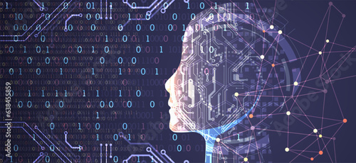 Artificial Intelligence. Technical background with a silhouette of a man. Big data concept. Machine cyber mind.