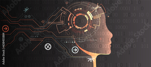 Artificial Intelligence. Technical background with a silhouette of a man. Big data concept. Machine cyber mind.