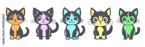 Vector set of colored cute cartoon cats on a white isolated background. Stickers or icons. Domestic kittens.