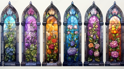 A colorful row of stained glass windows adorned with vibrant flower designs