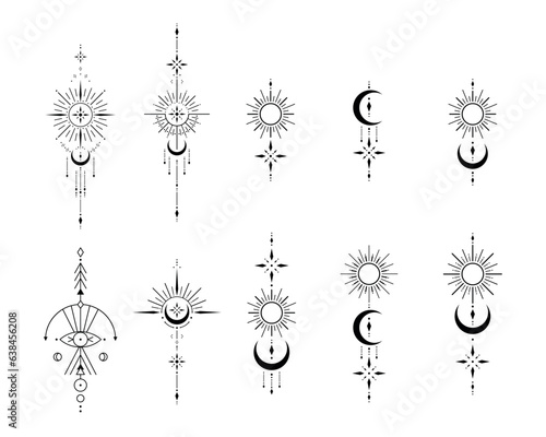 Vector set of Sacred geometric symbols on white background. Abstract mystic signs collection. Black linear shapes.
