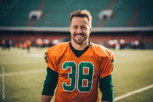Portrait of a smiling american football player standing on the field