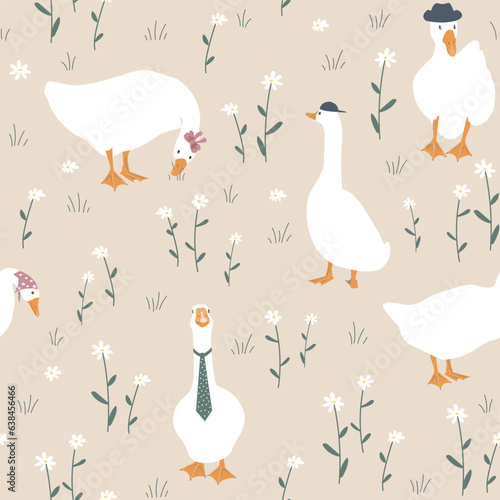 Cute dressed geese seamless pattern. Fashionable goose in a hat, tie, scarf. Funny vector background