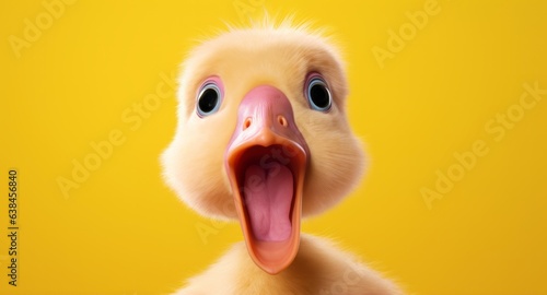 Surprised cute little yellow duck with its mouth open in close-up photo