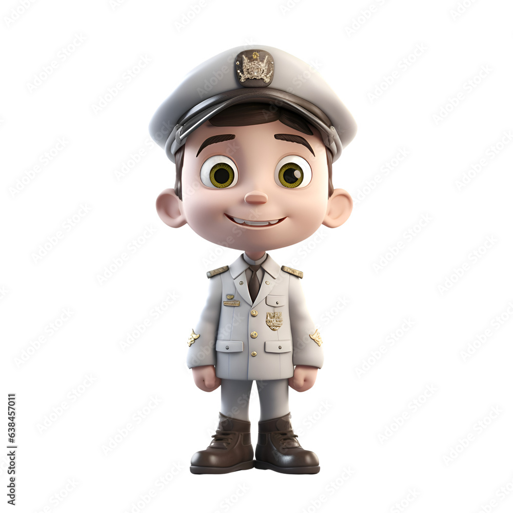 3D rendering of a little boy dressed as a police officer isolated on white background