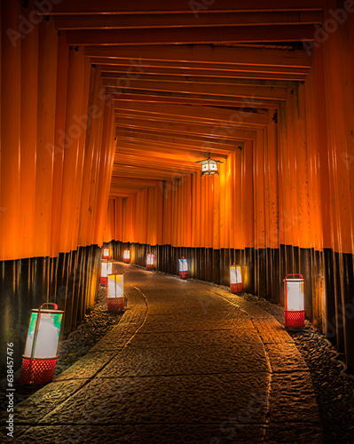 Senbon Torii gates illuminated with lanterns at Fushimi Inari Taisha shrine in Kyoto, Japan