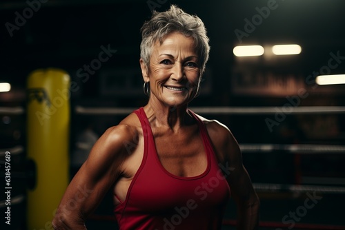 Portrait of smiling senior woman standing in boxing ring at gym. © Nerea