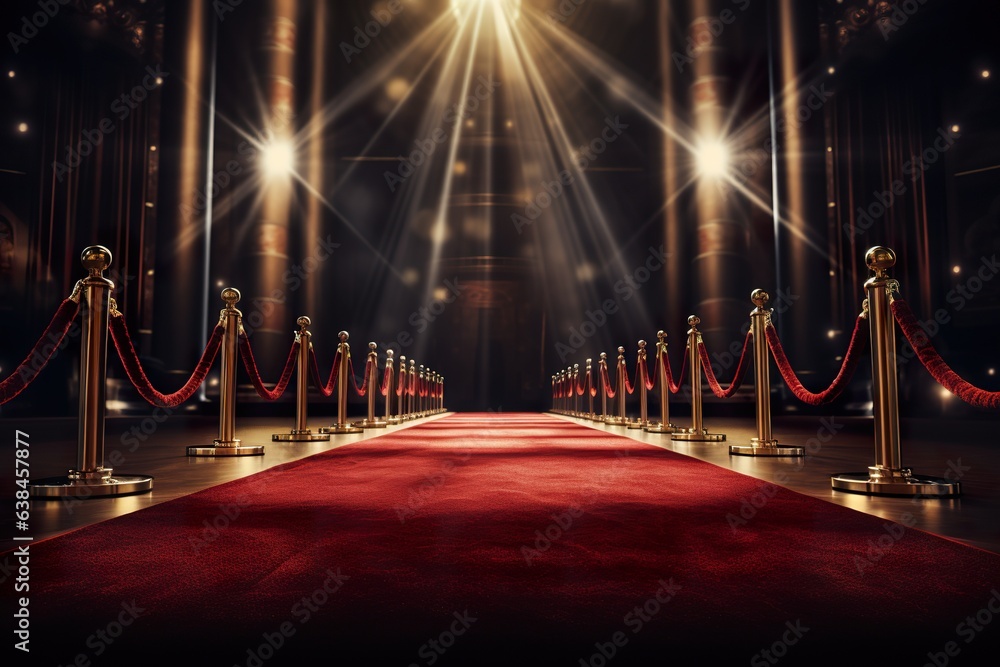 Red carpet rolling out in front of glamorous movie premiere background - obrazy, fototapety, plakaty 