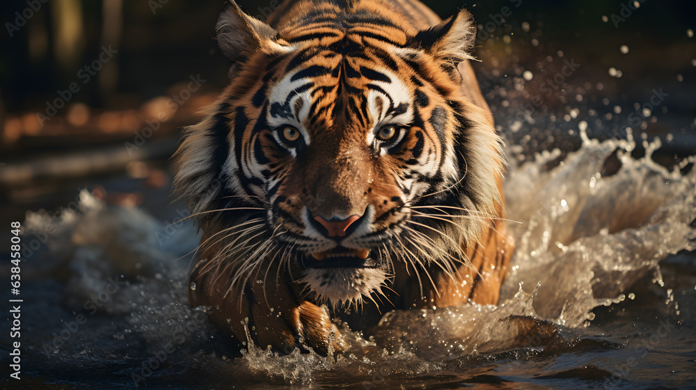 Bengal tiger run across the vast plains, burly bodies, swift movements, Generative AI. Bengal tiger run across the vast plains, burly bodies, swift movements, Generative AI.