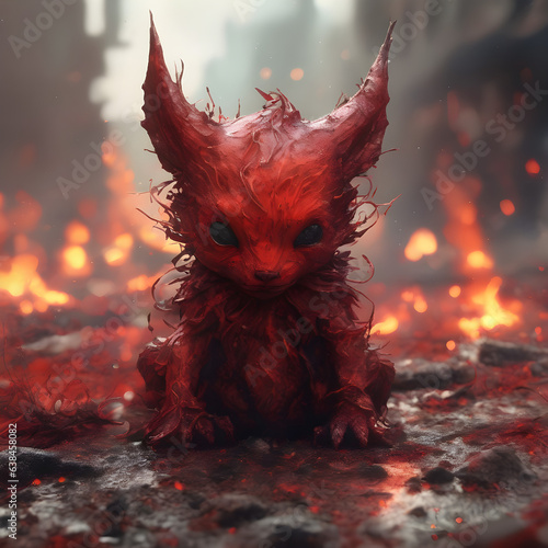 Criatura roja de fuego incandescente. Monstruo de orejas puntiagudas y cuatro patas. Animal peludo de ojos negros y fondo de llamas. Ilustración creada con herramientas generativas de IA. photo