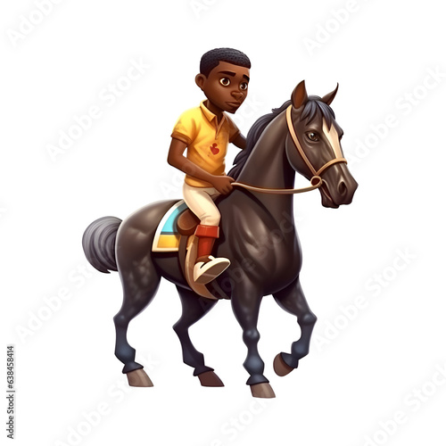African american boy riding a horse isolated on white background 3d illustration