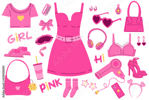 Barbie set.Pink things.Vector illustration. Hairdryer, hair clips, combs, headband, glasses, clothes, dress, t-shirt, earrings, socks, phone, shoes, shoes, slippers, earphone, bag.Pink set of items.