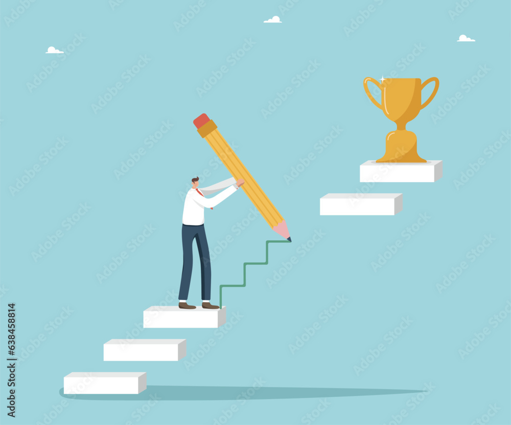 Strategy or planning way to win competitor and receive award, creativity and hard work to achieve high results, successful achievement of goals and business prosperity, man draws steps to winning cup. Strategy or planning way to win competitor and receive award, creativity and hard work to achieve high results, successful achievement of goals and business prosperity, man draws steps to winning cup.