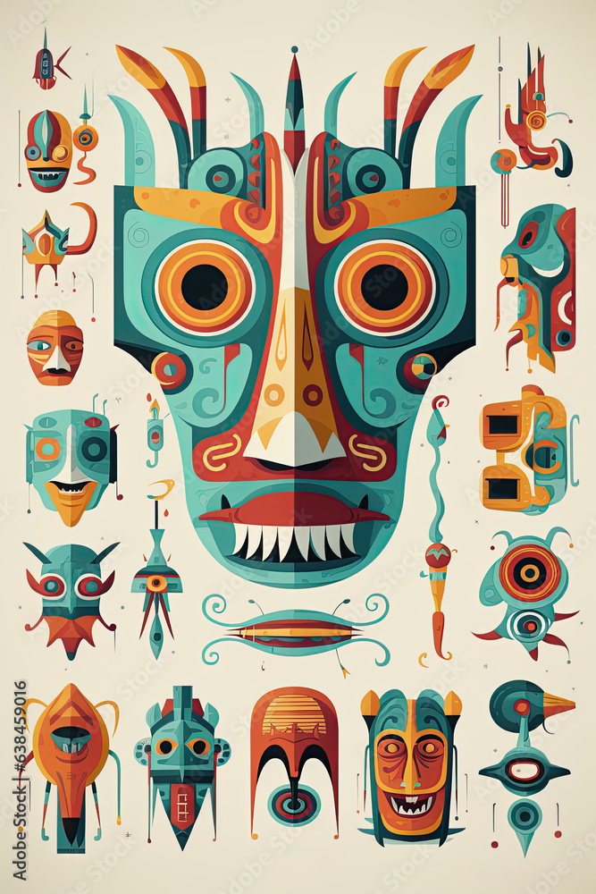Native ritual masks and ornaments in traditional tribal style. Abstract art poster design. Ai Generative illustration