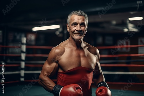 Portrait of a mature man in boxing gloves at the gym. © Nerea