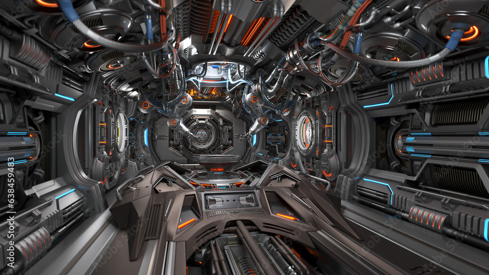 3d rendering of highly detailed futuristic hall with robotic arms or cybernetic sci-fi space station designed for machinery building.