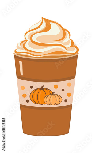 Pumpkin spice latte in paper cup, isolated on white background, design element for greeting card, menu, decoration.