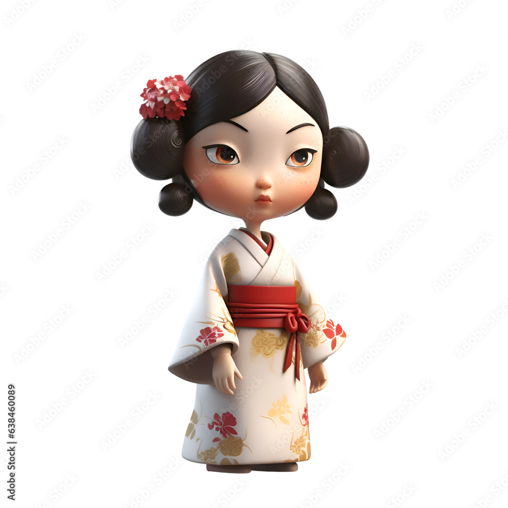 Japanese girl in kimono on a white background. 3d rendering.