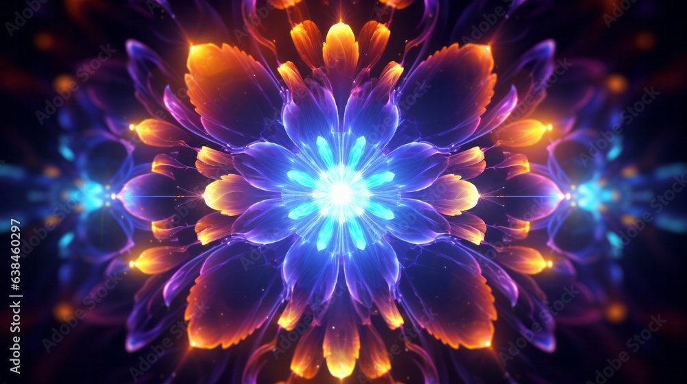 Obraz premium Fractal flowers blooming in a mesmerizing mandala pattern, bold, vivid colors, psychedelic design, glowing on a dark background