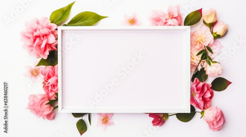 Empty photo frame and beautiful flowers on white background, flat lay. Space for design