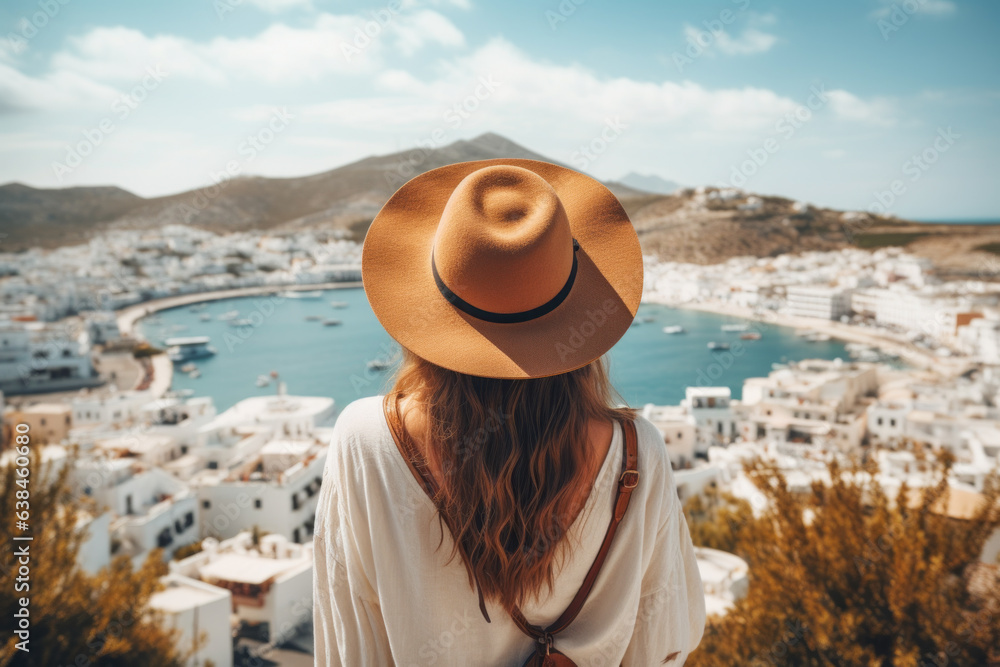 A woman on holidays, wearing a hat, spectacular view. Boats and water. Tourism, travel, wanderlust, instagram.