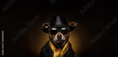 A cool dog. Rapper dog. Dog dressed as a gangster. Dog wearing sunglasses. Dog wearing bling. Black hat, scarf. Cool pet. Studio photography. 