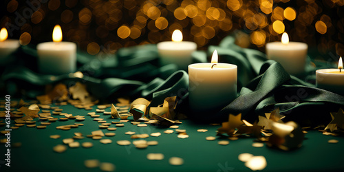 Green Christmas composition with candles  fir branches  golden decoration  lights  bokeh. Merry Christmas and New Year background.Holidays template.Generative ai