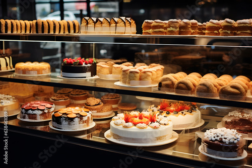 showcase of pastry shop with variety of fresh cakes and pastries. popular sweet desserts offered