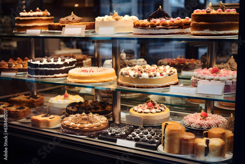 showcase of pastry shop with variety of fresh cakes and pastries. popular sweet desserts offered