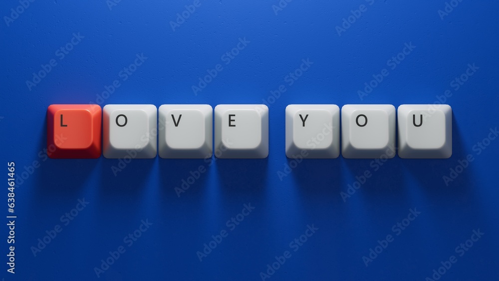 love you.Computer keyboard keys spelling.Flat lay view from above on blue background with computer keyboard keys buttons.IT technology concept.3D rendering on blue background.
love you.Computer keyboard keys spelling.Flat lay view from above on blue background with computer keyboard keys buttons.IT technology concept.3D rendering on blue background.