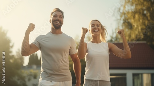 happy fitness Couple doing arm stretches outdoor and work out before running in morning, healthty life style, Generative AI photo