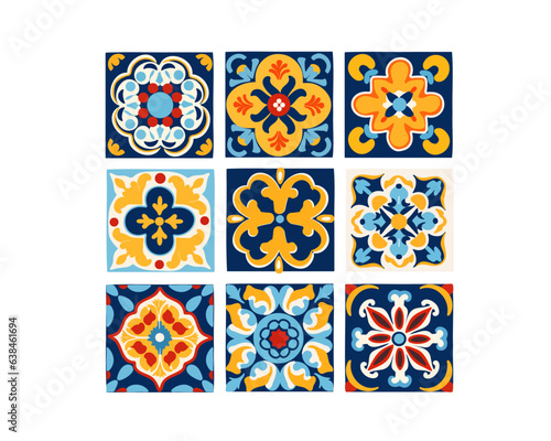 Set colored mediterranean pattern for ceramic tiles. Ethnic folk ornament. Mexican talavera, Portuguese azulejo or Spanish majolica.