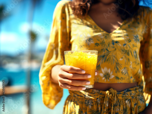 First-person view. Girl holds a glass cup of cold orange fresh on the background of a sandy tropical beach. White sand and a boat. AI generated