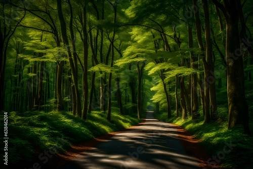 A gray concrete road winds its way through a dense forest of vibrant green trees. The road stretches far into the distance  disappearing into a canopy of foliage.