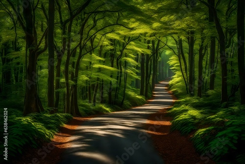 A gray concrete road winds its way through a dense forest of vibrant green trees. The road stretches far into the distance  disappearing into a canopy of foliage.