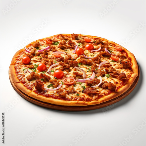 classic Italian cheese pizza on a wooden tray, one single slice of pizza isolated on white background