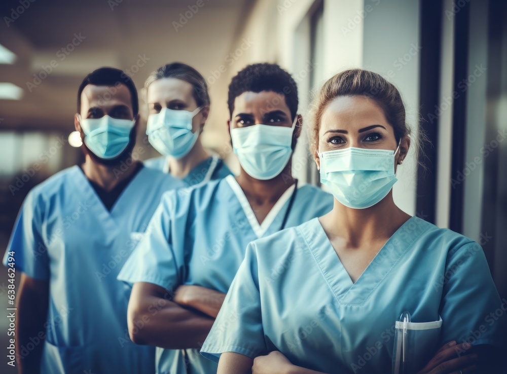 Group of doctors and nurses showing face masks in hospital Group of doctors and nurses showing face masks in hospital