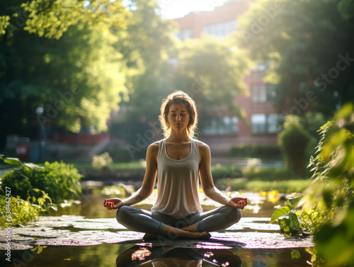 Beautiful woman wearing sportive clothes standing on city park  outdoor doing yoga easy seat pose  sukhasana posture relax breathe easy seat pose  healthy lifestyle concept. AI generated