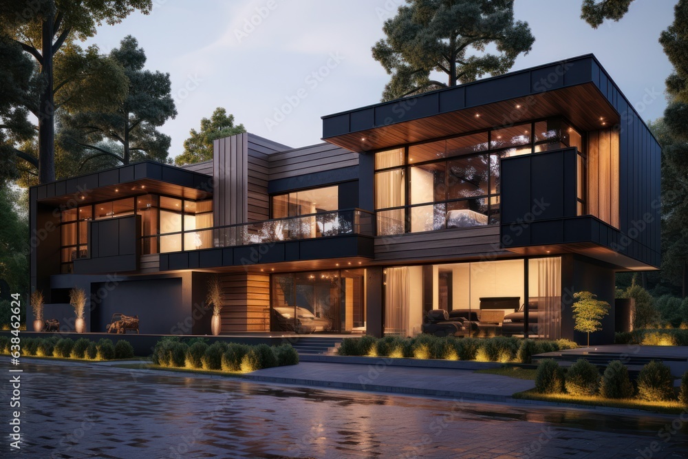 Modern villa in the evening