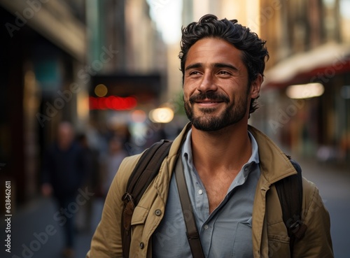 Indian man looking up at business on background of city by the water.