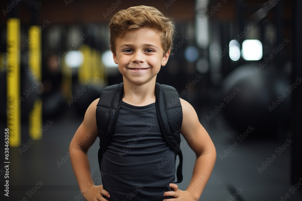 Portrait of smiling boy standing with arms akimbo in gym Portrait of smiling boy standing with arms akimbo in gym