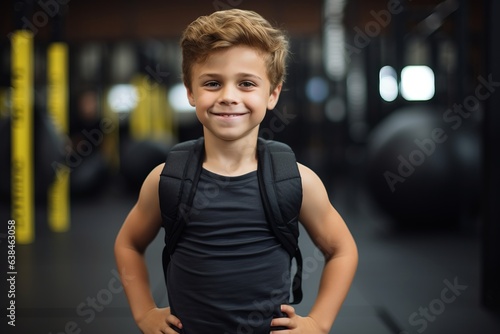 Portrait of smiling boy standing with arms akimbo in gym