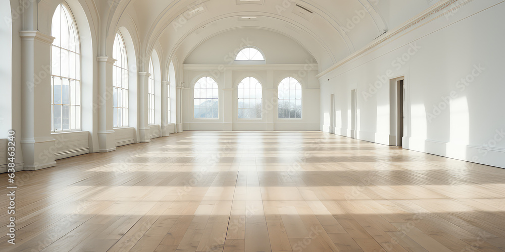 Big Empty room in light colors, big windows, vintage style. Empty banquet hall with a parquet floor. 