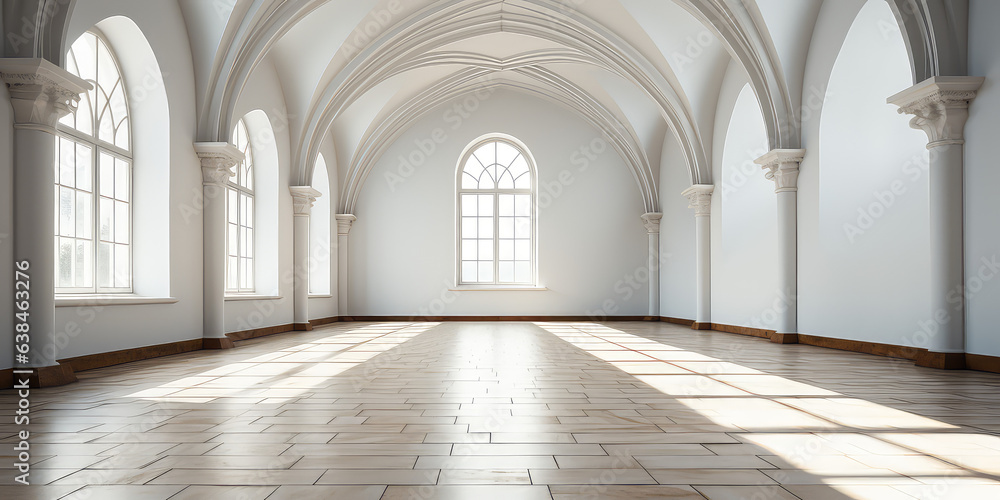 Big Empty room in light colors, big windows, vintage style. Empty banquet hall with a parquet floor. 