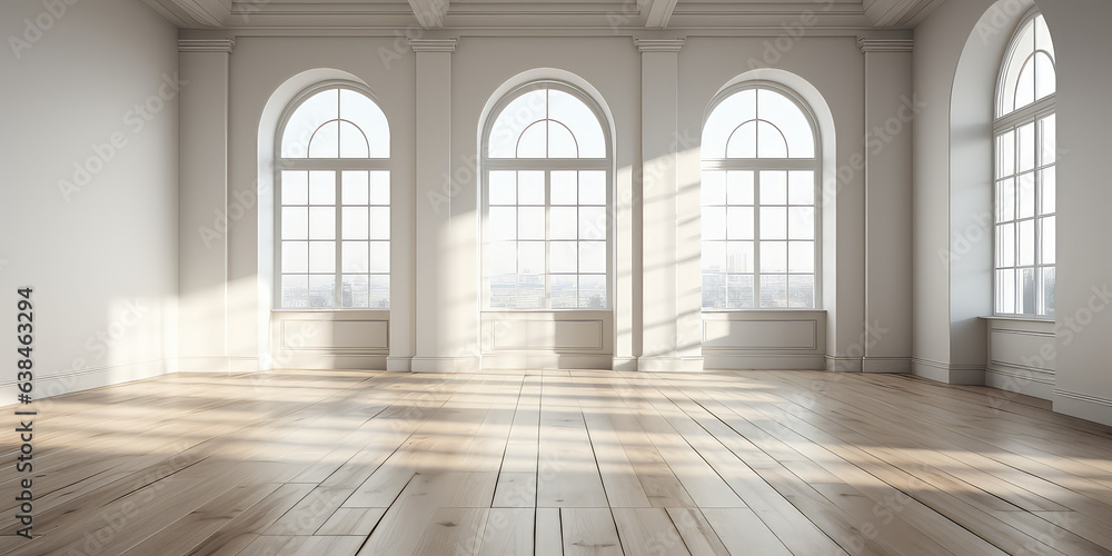 Big Empty room in light colors, big windows, vintage style. Empty banquet hall with a parquet floor. Big Empty room in light colors, big windows, vintage style. Empty banquet hall with a parquet floor.