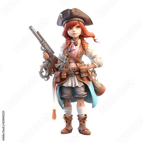 3D rendering of a female pirate with a gun isolated on white background